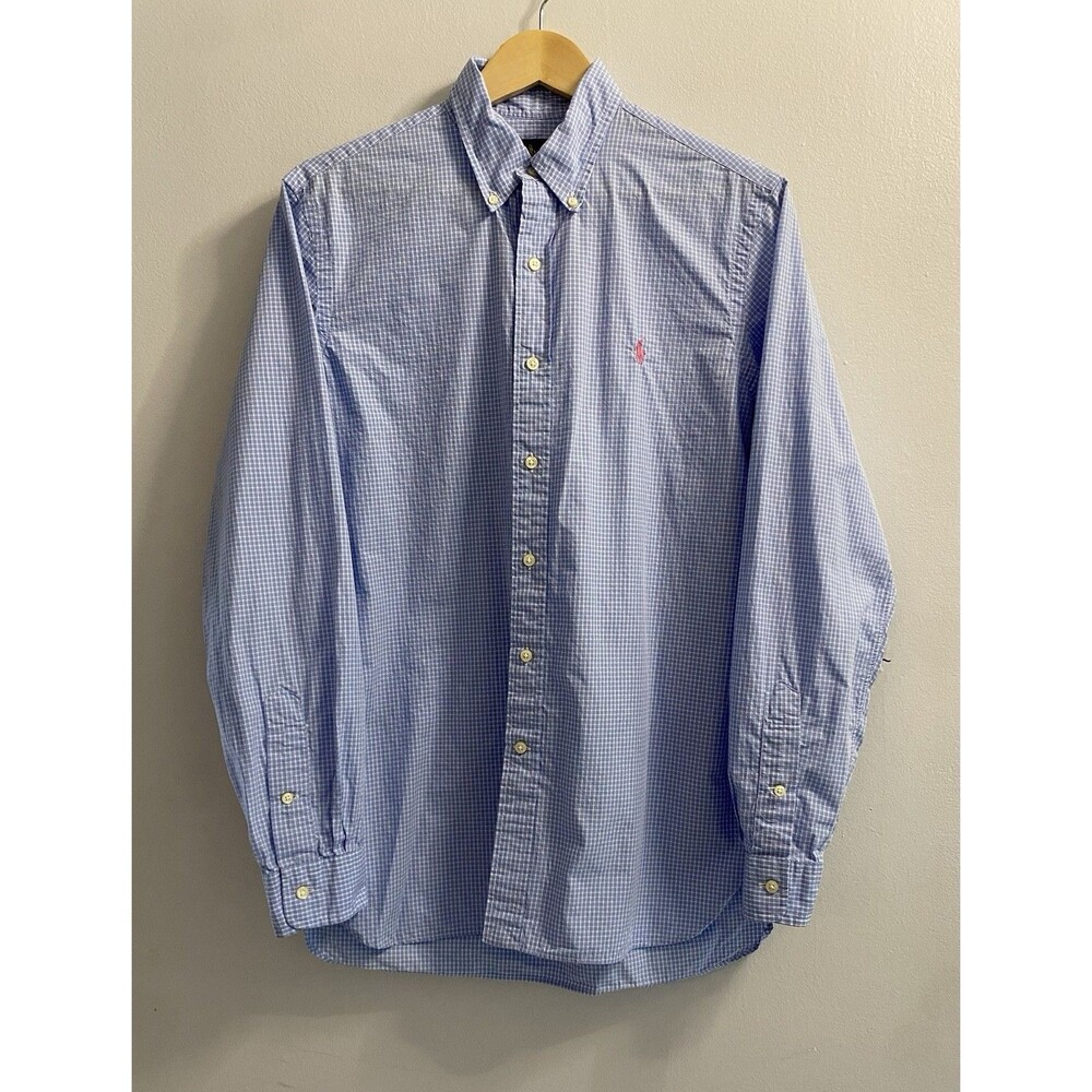 Ralph Lauren Mens 15.5 39 Blue White Gingham Check Button Down Shirt Pink Pony M
